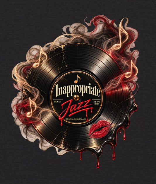 Inappropriate Jazz vinyl racer tank — enlarged close-up of the existing front print