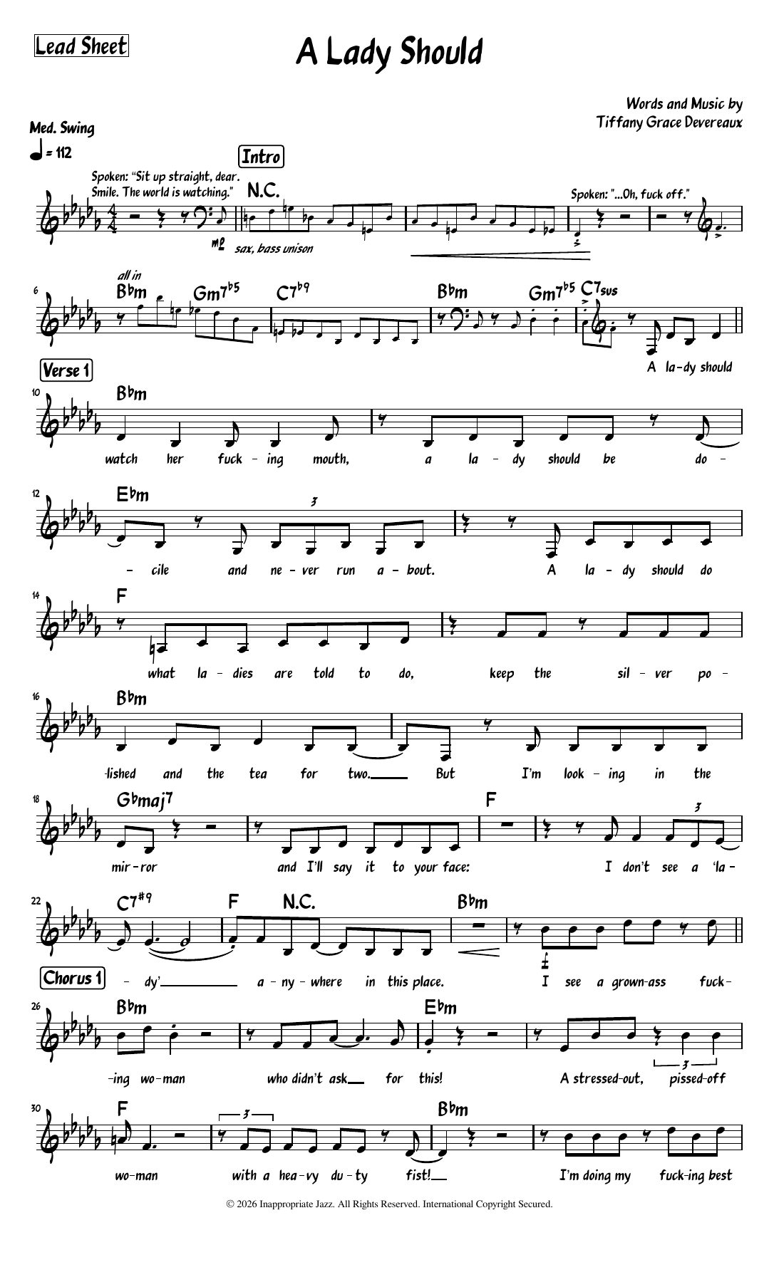 First-page preview of A Lady Should lead sheet, words and music by Tiffany Grace Devereaux