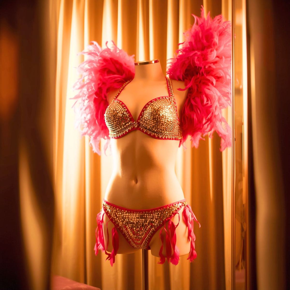 Pink feathered and gold sequined burlesque costume against golden curtains
