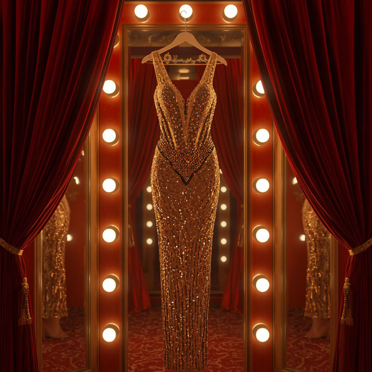 Gold sequined burlesque stage costume framed by red velvet curtains and illuminated dressing room mirror